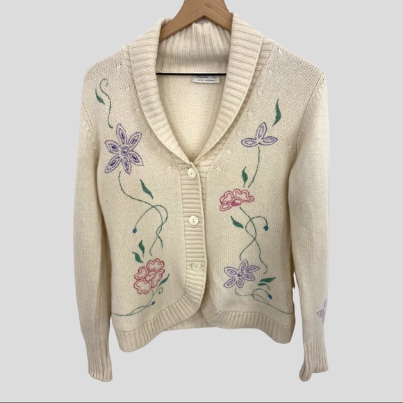 Vintage Mister Nic Cream Cashmere Cardigan Purple Pink Green Painted Flowers - Picture 10 of 10